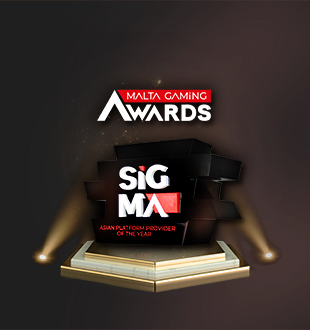 A sleek trophy featuring the text 'SiGMA' and 'Asian Platform Provider of the Year,' displayed on a pedestal with spotlights, above the 'Malta Gaming Awards' logo against a dark background.