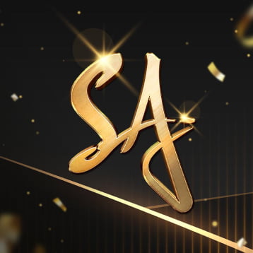 A stylized logo for 'SA Gaming' featuring the letters 'SA' in a shiny gold font. The logo is set against a dark background with subtle sparkles and light effects, creating an elegant and luxurious appearance.