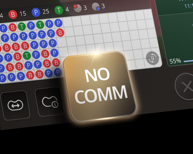 Image of an online Baccarat game interface featuring a scoreboard with colored circles indicating player and banker outcomes. A prominent button labeled 'NO COMM' is highlighted in gold.