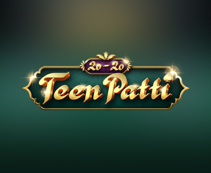 Stylized 'Teen Patti' logo with gold letters and a decorative crown, featuring the numbers '20-20' above, set against a gradient background of dark green.