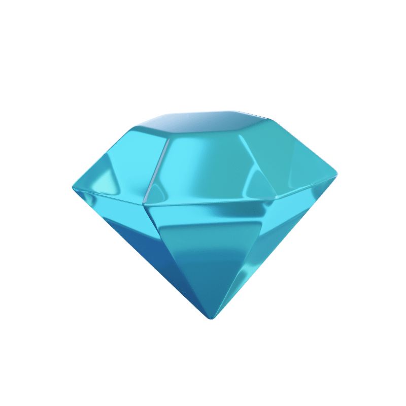 Shiny blue diamond with multiple facets reflecting light.