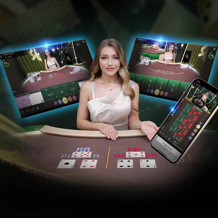 A graphic showcasing 'SA Gaming' with a woman in a red dress at the center. Surrounding her are two screens displaying online blackjack tables and a smartphone with game graphics. The background features a casino setting.