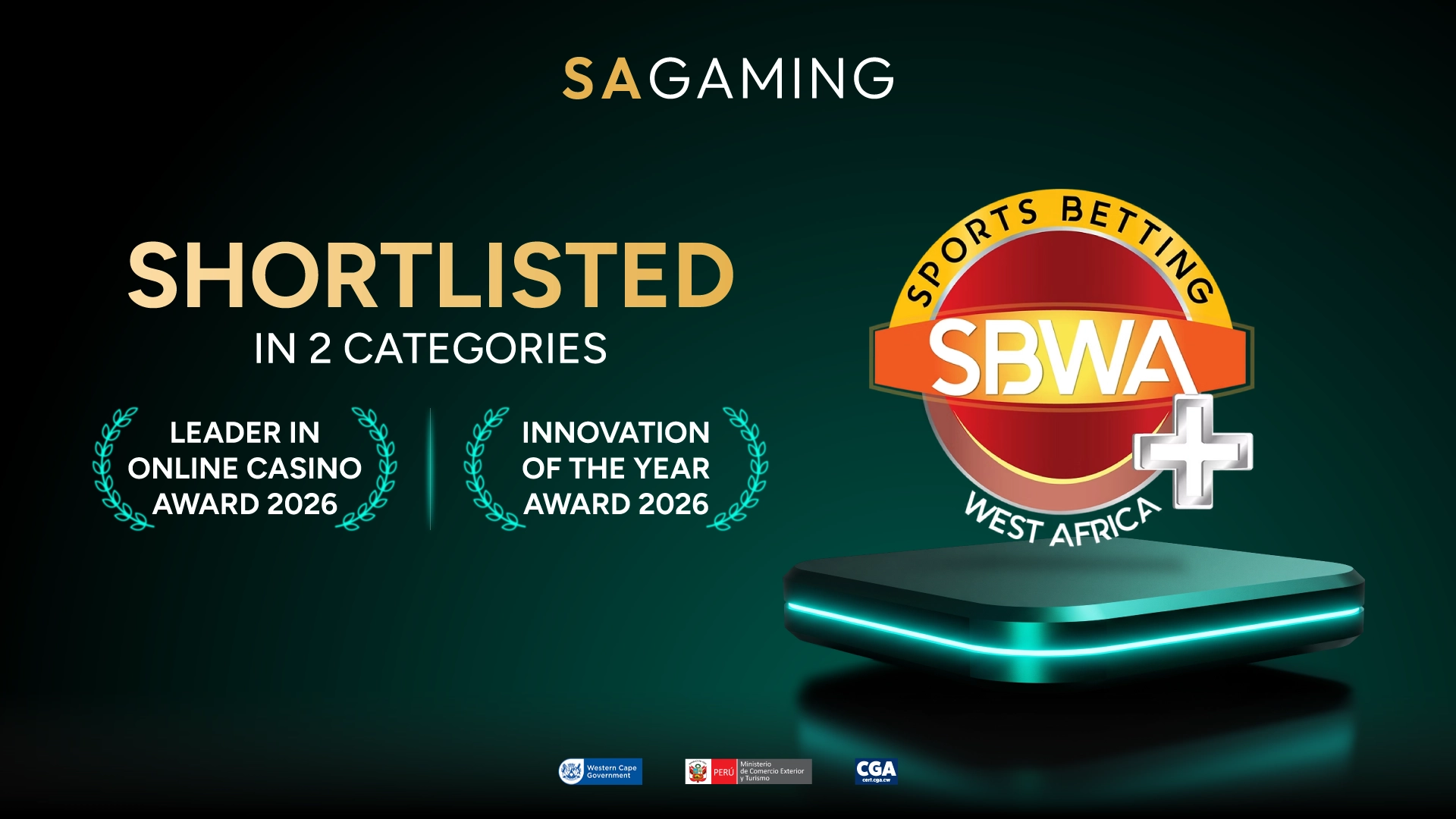SA Gaming graphic showing SBWA+ 2026 shortlisting for Leader in Online Casino and Innovation of the Year, with a glowing teal podium.